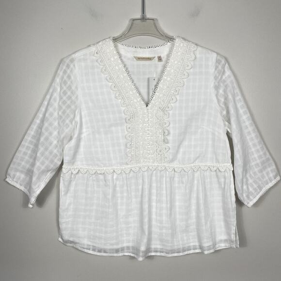 Soft Surroundings Tops - Soft Surroundings Elodie Windowpane Gauze Top Size L Petite White Cotton NEW